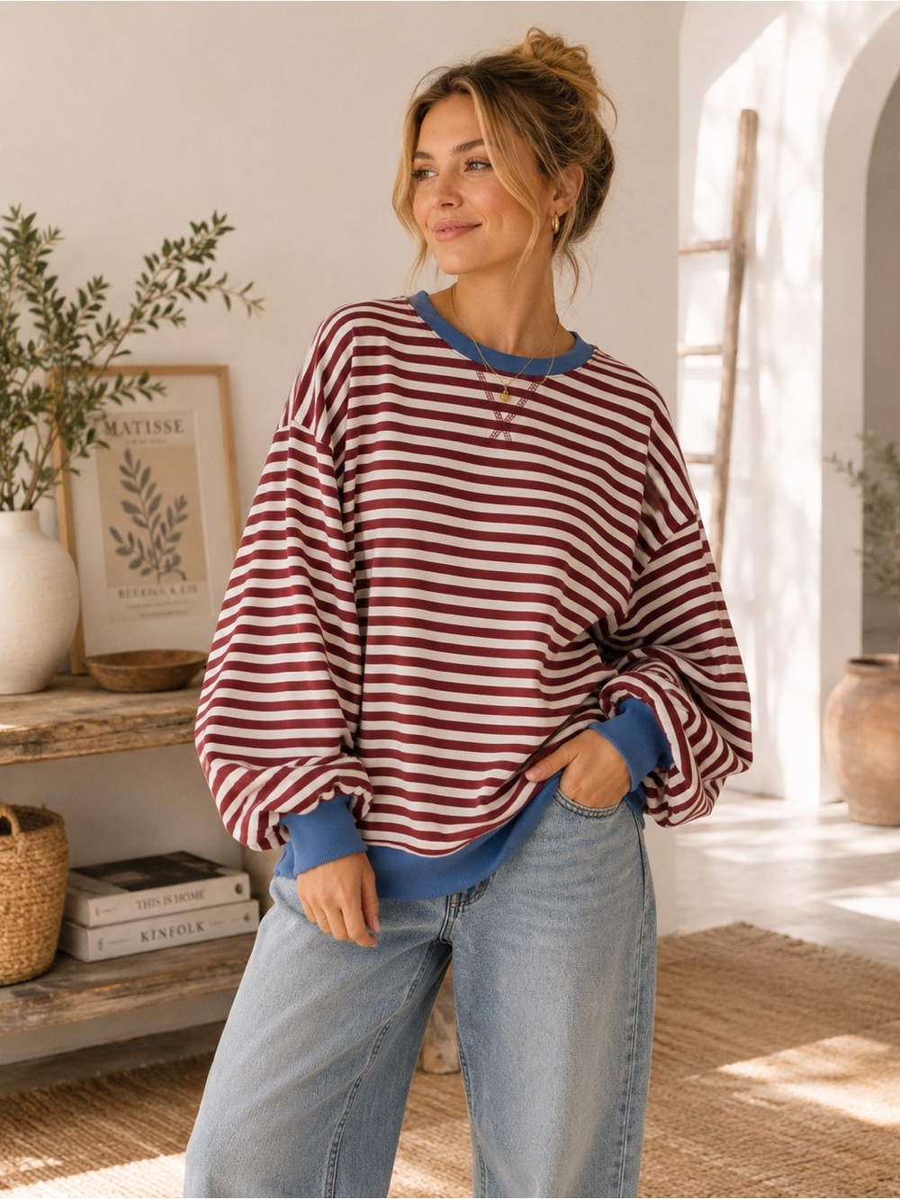 UEU Oversized Striped Crewneck Sweater with Blue Trim - Women's